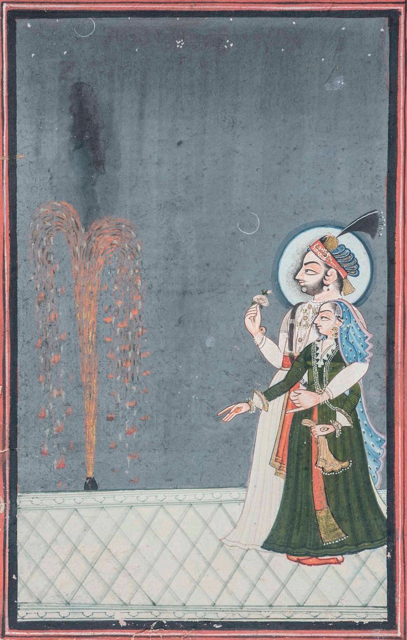 رجا وراني يراقبان الألعاب النارية ، c.1815 بواسطة المدرسة الهندية