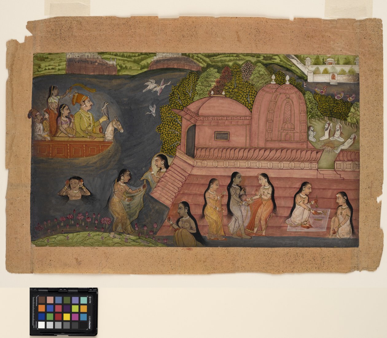 يأتي صائد رجا من قارب عند الاستحمام من قبل المعبد ، حوالي عام 1695 (ألوان مائية غير شفافة وذهبية على ورق) بواسطة المدرسة الهندية
