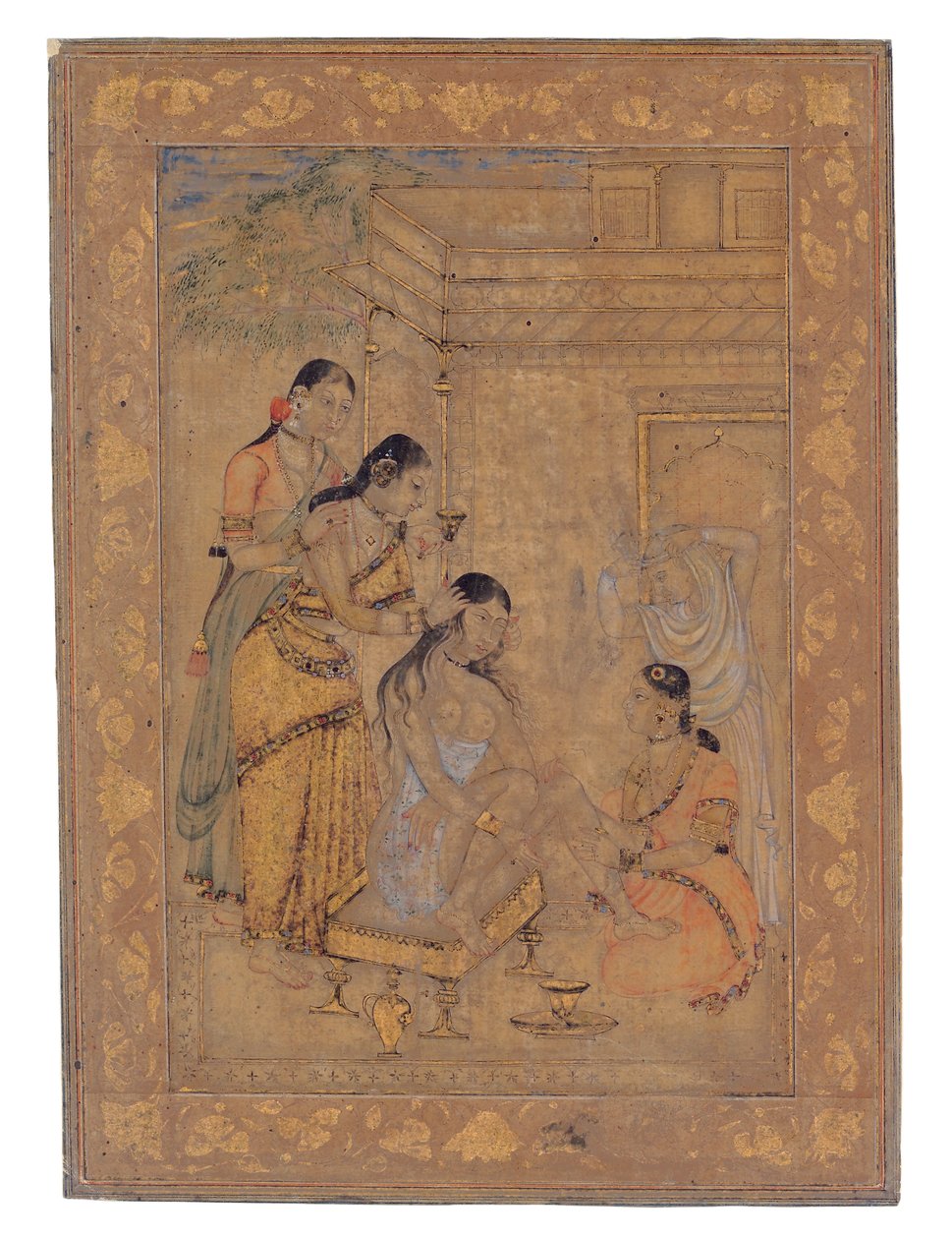 تواليت A Young Womans ، 1675-1700 (مرحاض غير شفاف وذهب على ورق) بواسطة المدرسة الهندية