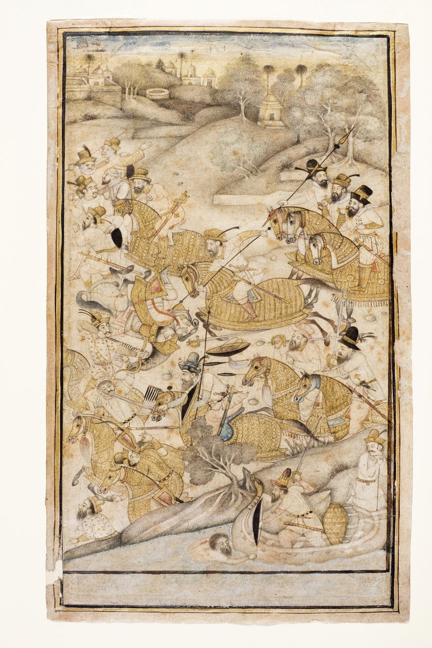 معركة خاضها الأوروبيون ، c.1700 (مرحاض غير شفاف وذهب على ورق) بواسطة المدرسة الهندية
