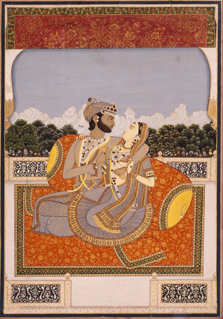 زوجان يحتضنان على شرفة ، c.1835 (مرحاض غير شفاف ، ورنيش ، ذهب وزجاج على ورق) بواسطة المدرسة الهندية