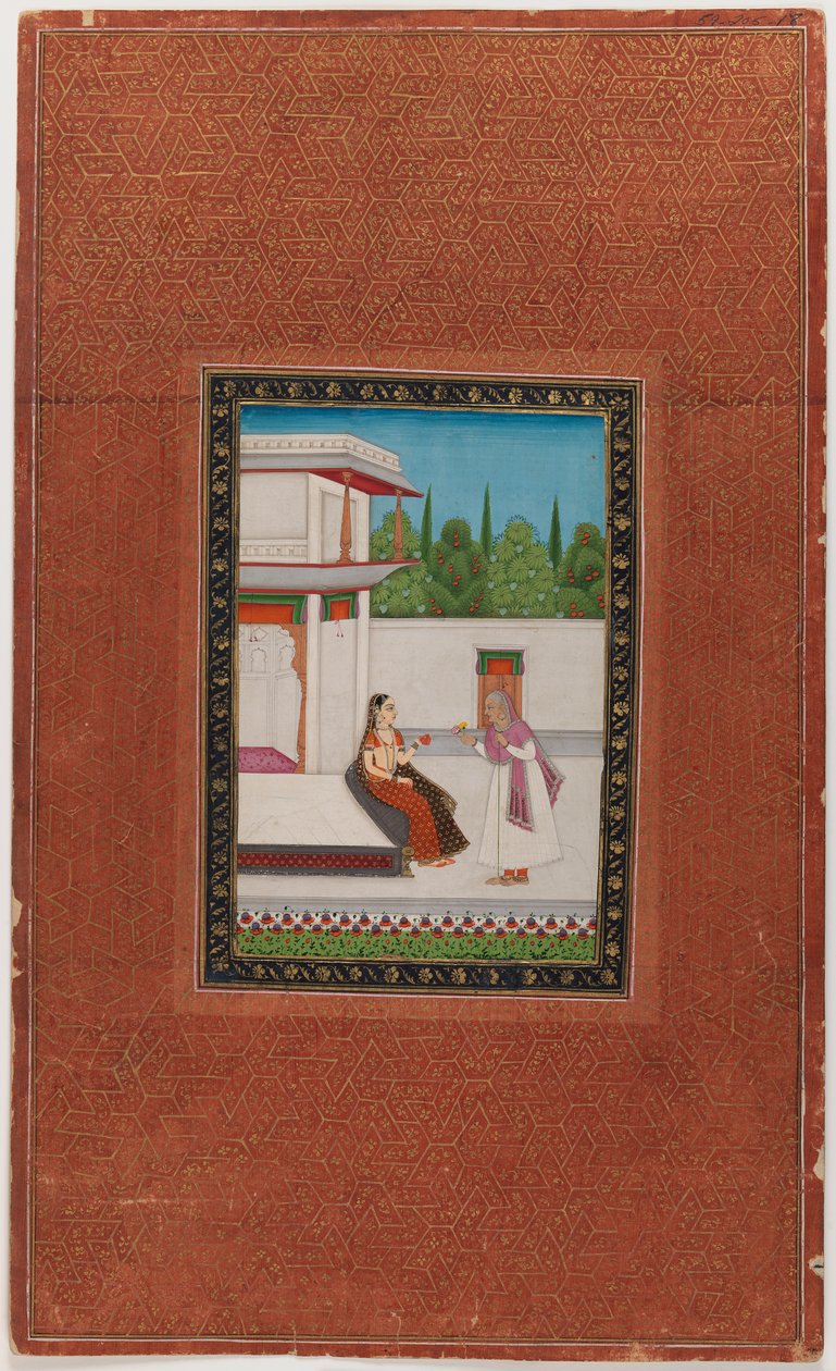 سيدة وخادمة مسنة ، 1875-1900 (مرحاض غير شفاف وذهب على ورق) بواسطة المدرسة الهندية