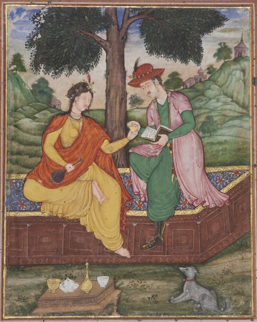 رجل وامرأة يجلسان تحت شجرة ، ج .1590 (مرحاض غير شفاف على الورق) بواسطة المدرسة الهندية