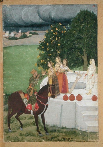 أمير يمتطي الماء من السيدات في بئر ، مصغرة من مرشد أباد ، حوالي 1760 (جواش على ورق) بواسطة المدرسة الهندية