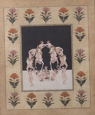 زوج من العشاق يجلس على أرجوحة مكونة من عشاق آخرين متشابكين ، حوالي 1830 (جواش على ورق) بواسطة المدرسة الهندية