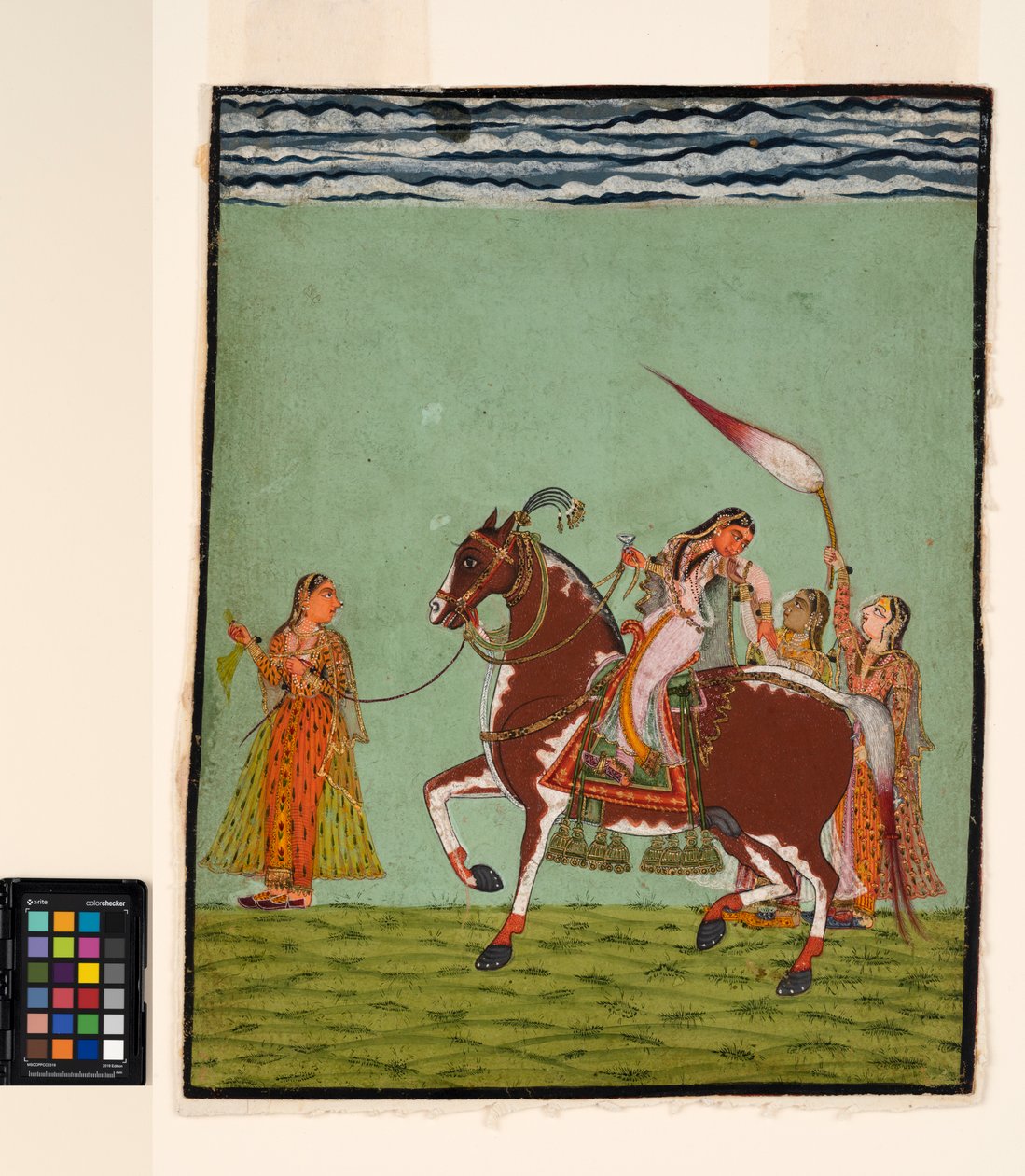 امرأة على ظهور الخيل مع ثلاثة مرافقين ، حوالي عام 1735 (ألوان مائية غير شفافة على ورق) بواسطة المدرسة الهندية