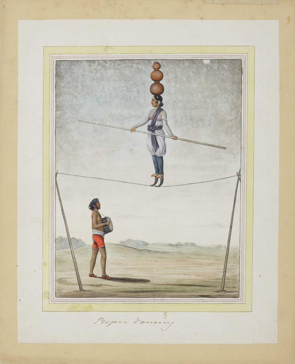 Acrobat على حبل مشدود ، الطبال أدناه ، c.1820 (مرحاض غير شفاف على الورق) بواسطة المدرسة الهندية