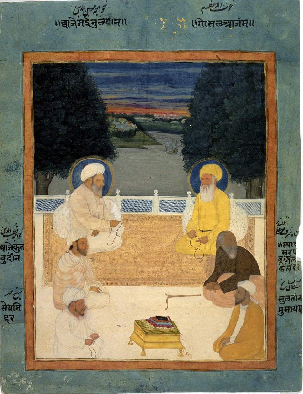 إضافة ، أو 4473 ستة من القديسين الصوفيين جالسين على شرفة. خواجا معين الدين ، غوس الأعظم ، خواجا قطب الدين ، الشيخ مهر ، شاه شرف بو علي قلندر وسلطان موسى شيخ ، حوالي 1760 (ألوان مائية وذهبية على ورق) بواسطة المدرسة الهندية