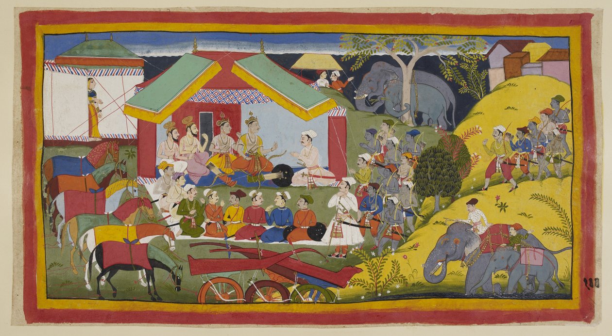 أضف 15296 (1) f.100r ، وصل بهاراتا وأتباعه إلى عاصمة مملكة نيشادا. في مخيمهم على ضفة نهر الغانج ، جلس بهاراتا وأخوه ووزرائه في دوربار أمام خيمتهم. يأتي Nishadaking Guha مع بواسطة المدرسة الهندية