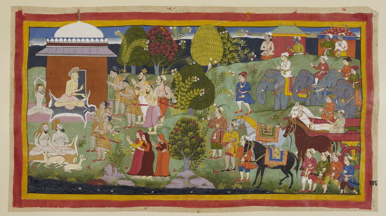 أضف 15296 (1) f.108r ، Bharadva ja ، جالسًا خارج كوخه مع الزاهد والغزلان الآخرين ، يستفسر من الأمراء عما إذا كانوا قد استمتعوا بضيافته. أخبرهم ورفاقهم أن راما يعيش في سيتراكوتا. بناء على طلبه ، الأمراء انتر بواسطة المدرسة الهندية