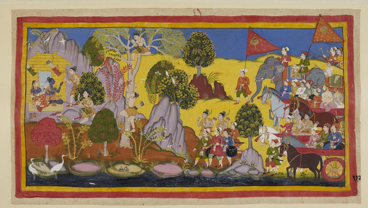 أضف 15296 (1) f.112r ، صخب الجيش المقترب بعد أن أزعج راما ، أخبر لاكسمانا أن يتسلق شجرة لمعرفة سبب الضجيج. يتسلق لاكسمانا شجرة سا لا مزهرة ويتعرف على مسافة معيار بهاراتا مع السحلية بواسطة المدرسة الهندية
