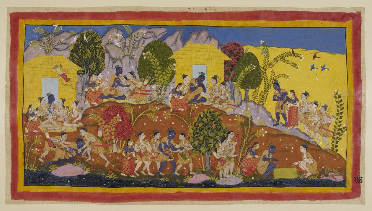 أضف 15296 (1) f.114r ، في الجزء العلوي في الوسط ، يرمي بهاراتا وشاتروغنة نفسيهما عند قدمي راما ، الذي يحتضن إخوته الصغار ويشتمون رائحة الرؤوس. يأخذهم راما في حضنه ويسأل عن رفاههم ورفاهية والدهم ، وح بواسطة المدرسة الهندية