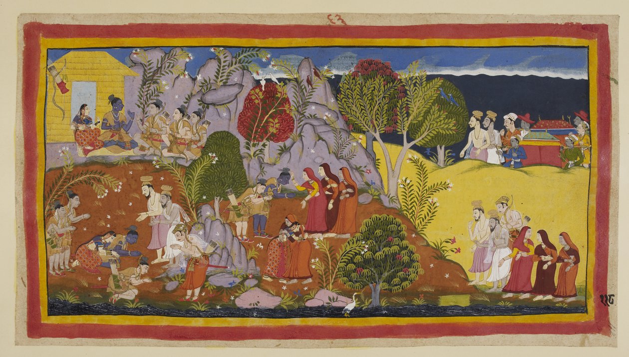 أضف 15296 (1) f.118r ، The Brahmins والملكات في منهج الفضلات. تشير كوساليا إلى المكان الواقع على ضفاف النهر حيث قدمت راما الماء الطقسي وتأسف للنوعية المروعة للبيندا ، كما عُرضت على زوجها المتوفى. المنفيين الثلاثة ر بواسطة المدرسة الهندية
