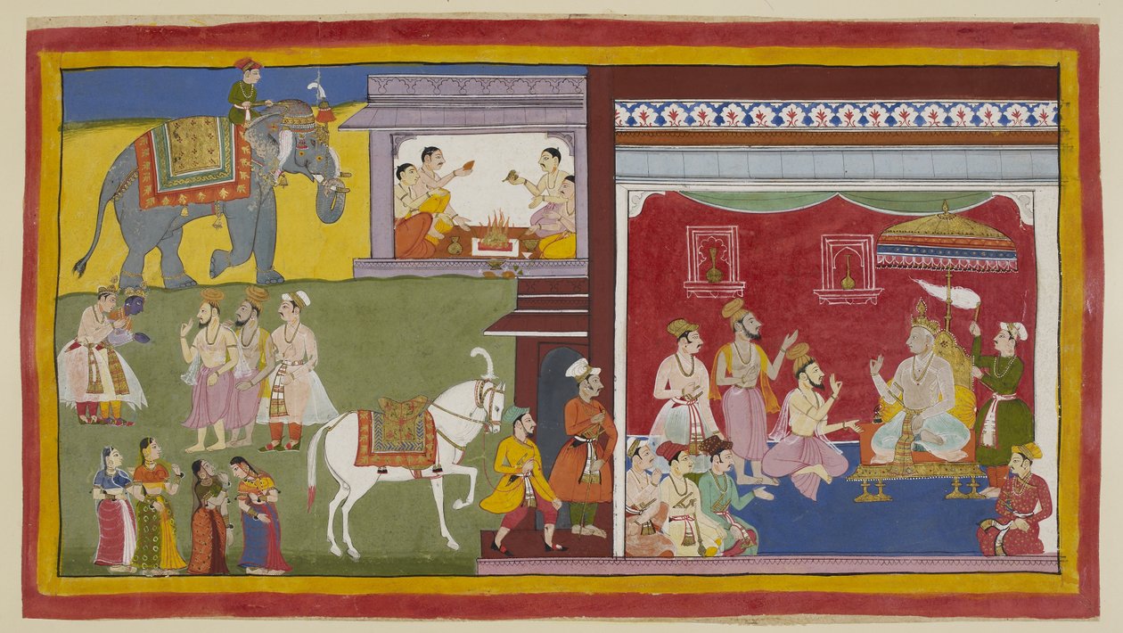 أضف 15296 (1) f.11r ، Dasaratha ، المتوج في دوربار ، يخبر Brahmins Vasistha و Va madeva ووزيره سومانترا بنيته الاستقالة من عرشه لراما كوصي ؛ على اليسار ، هؤلاء الثلاثة يستدعون راما ولاكسمانا. أعلاه ، أربعة براهمين يبدأون بواسطة المدرسة الهندية