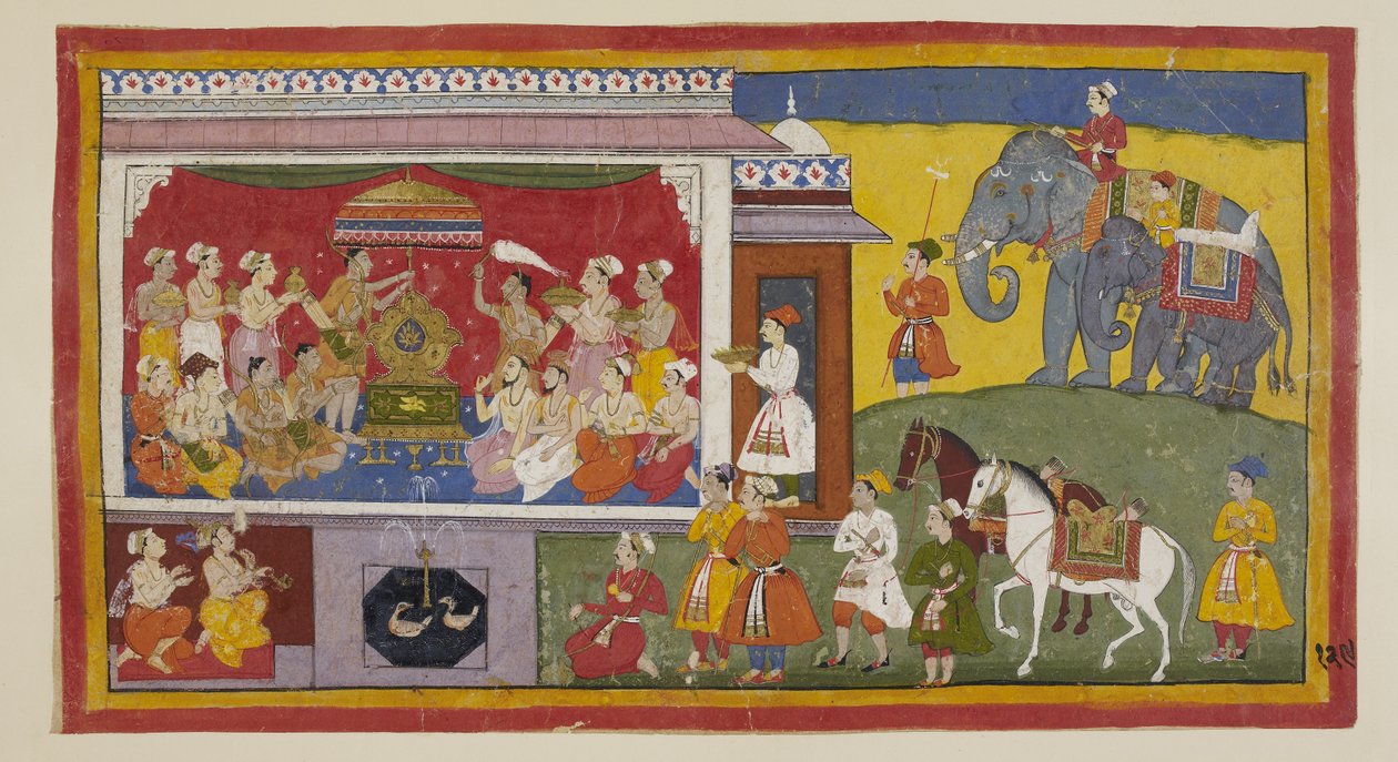 أضف 15296 (1) f.129r ، في غرفة العرش في NandigRama ، يضع Bharata على العرش صندل Rama ويضعهم الكهنة والوزراء المجتمعون كحاكم لأيوديا. من الآن فصاعدا يعاملون مثل راما نفسه. الأميران في بواسطة المدرسة الهندية