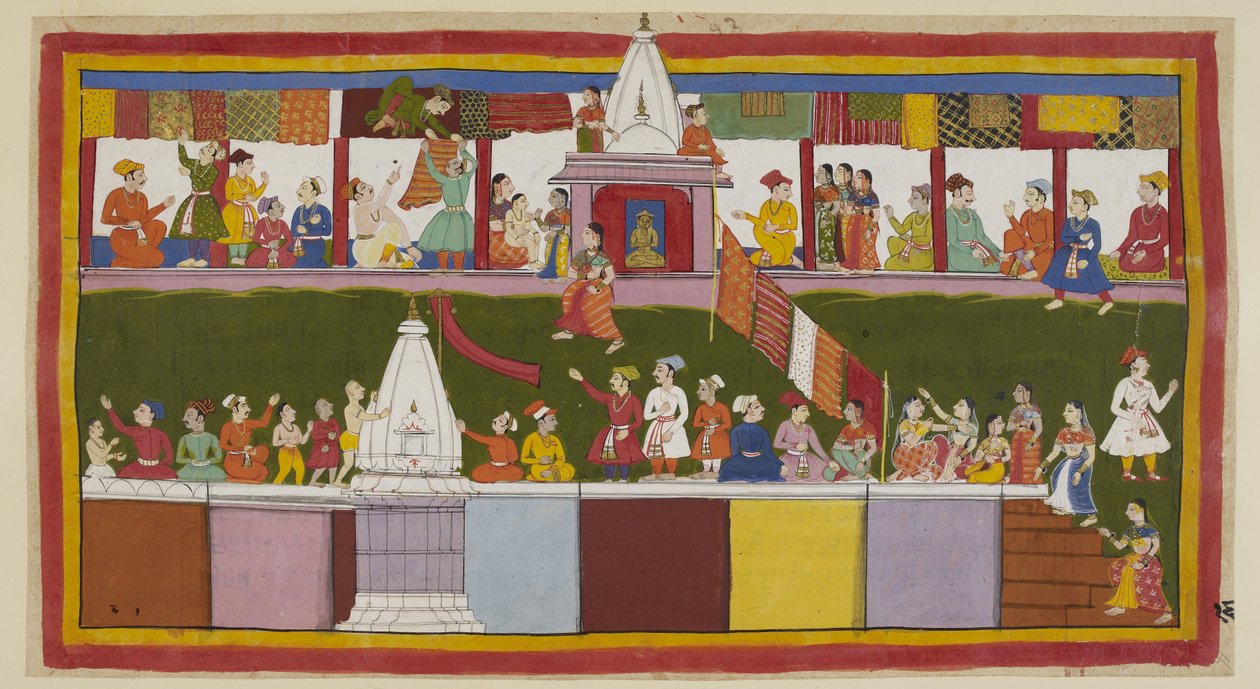أضف 15296 (1) f.16r ، في الشارع الرئيسي في مدينة أيودهيا ، يزين التجار المتحمسون محلاتهم بأرقى أقمشة الديباج ، بينما يتسلق الناس على قمم المنازل ، وفوق المعابد ، لتأمين أفضل إطلالة على حفل التتويج. بواسطة المدرسة الهندية