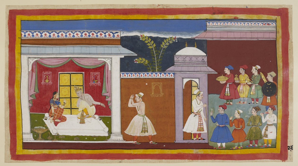 أضف 15296 (1) f.27r ، أخبر فاسيستا سومانترا أن يخبر الملك أن كل شيء جاهز ، وأخبر داساراتا بذلك. أخبره Kaikeyi ، بموافقة Dasaratha الصامت ، أن يجلب راما. خارج مدخل القصر على اليمين ، المواطنون وغيرهم من ملحوظة بواسطة المدرسة الهندية