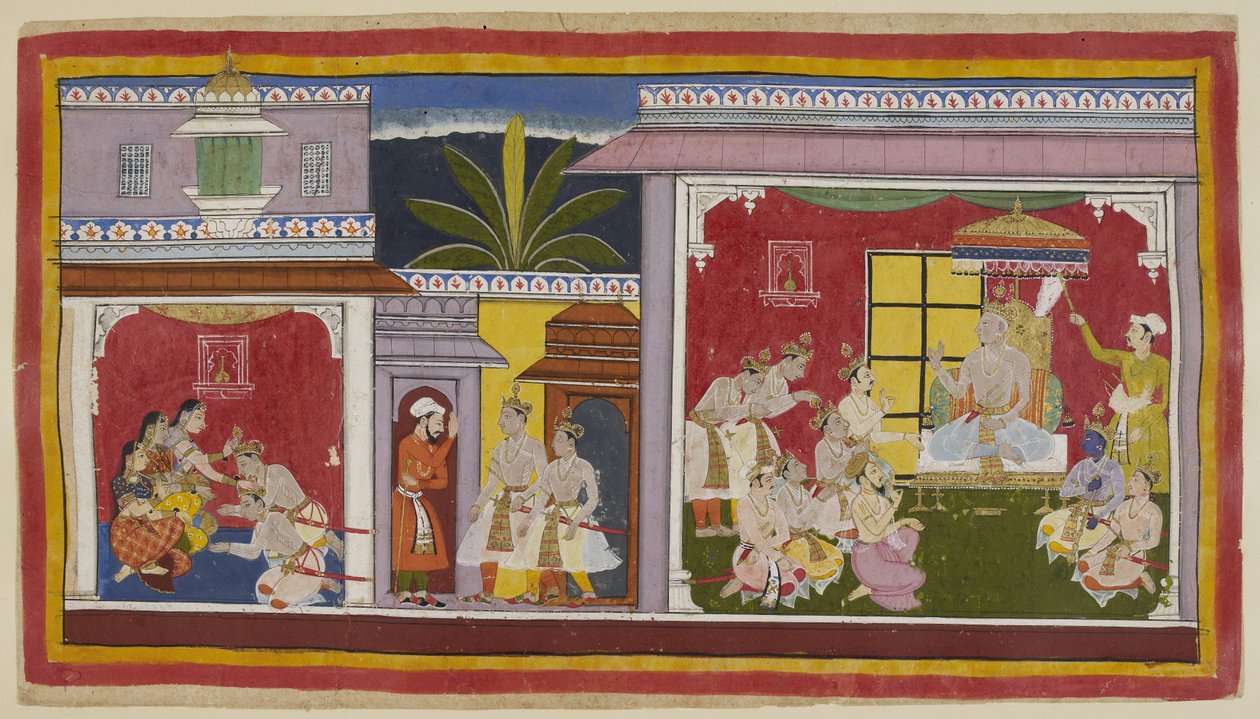أضف 15296 (1) f.2r ، في غرفة العرش في Ayodhya (يمينًا) ، يجلس الملك Dasaratha مع أبنائه الأربعة ووزيره سومنترا وكاهنه الرئيسي فاسيستا. جاء يودها جيت ، شقيق الملكة كايكي وعم أم بهاراتا ، لزيارة بهاراتا بواسطة المدرسة الهندية