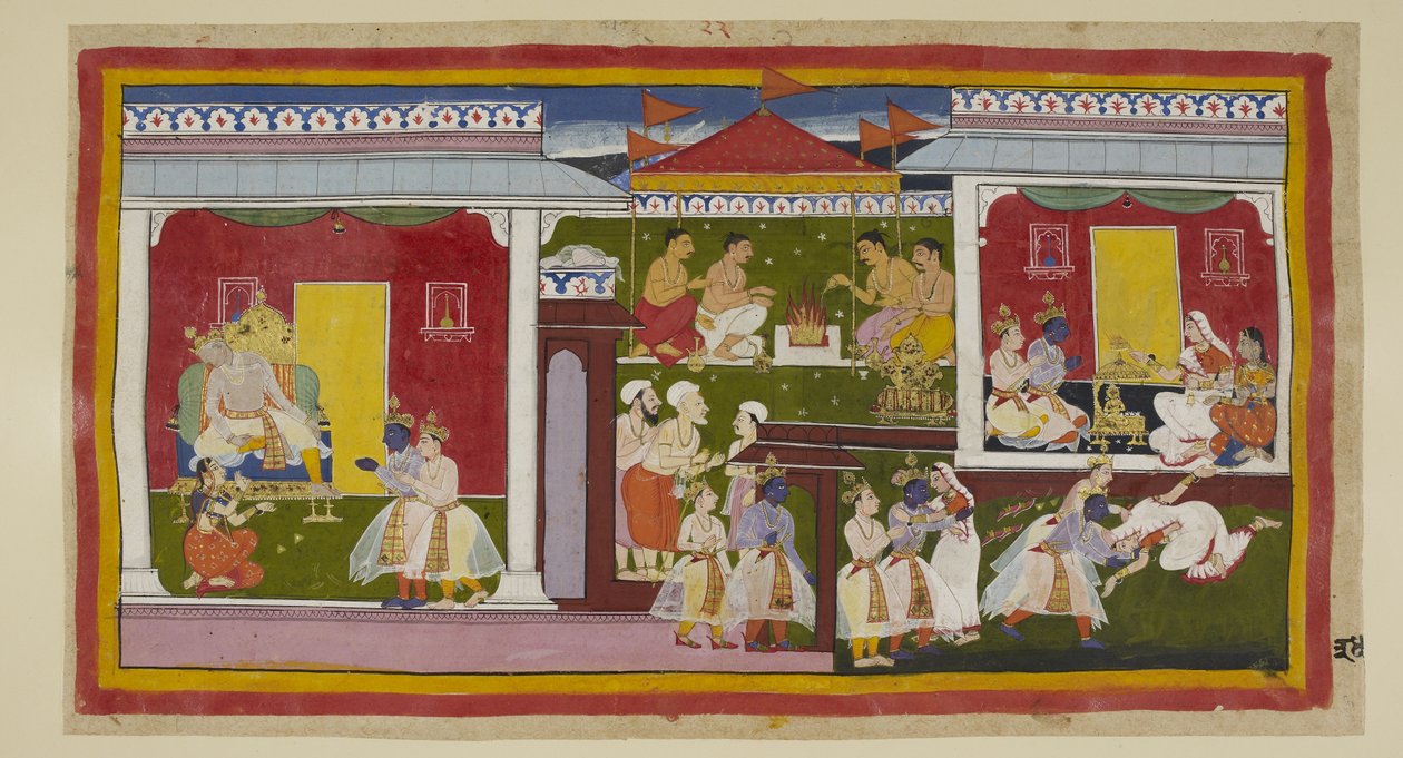 أضف 15296 (1) f.34r ، يقبل راما إبعاده برباطة جأش كاملة ، وأخذ هو ولاكسمانا إجازة من Kaikeyi و Dasaratha ، اللذين لا يستطيعان النظر إلى ابنه برأسه المنكسرة والنظرة المتجنبة. غادر هو ولاكسمانا قصر Kaikeyi و g بواسطة المدرسة الهندية