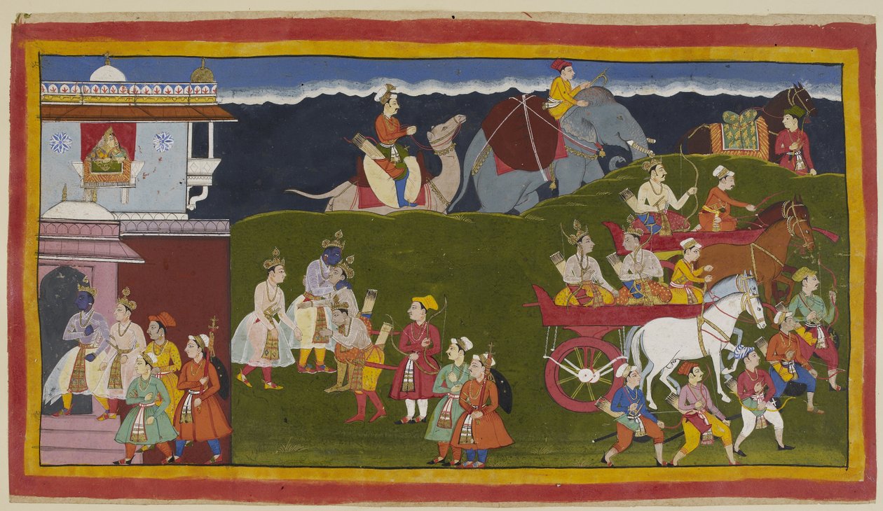 أضف 15296 (1) f.3r ، يحتضن الإخوة الأربعة خارج القصر (في الوسط) ، حيث تنظر النساء إلى الأسفل من نافذة jharokha المغلقة مدعومة بأقواس منحنية منحنية. تنتشر قطعة قماش غنية على العتبة. ثم ينفجر بهاراتا وشاتروغنا في ج بواسطة المدرسة الهندية