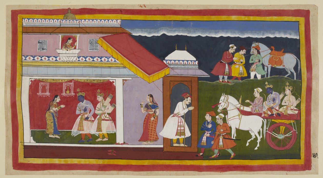 أضف 15296 (1) f.41r ، بعد أن أقنع أخيه أخيًا والدته أخيرًا بقبول مصيره بهدوء ، عاد راما ولاكسمانا إلى قصره في العربة ، انحنى رأس راما في تواضعه المعتاد. التقى بهم سيتا ، الذي اعتنقه لأول مرة من أنت بواسطة المدرسة الهندية