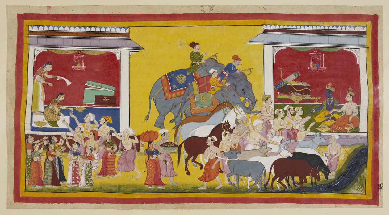 أضف 15296 (1) f.46r ، لم يتمكن راما من ثني سيتا أو لاكسمانا عن مرافقته ، والآن يتنازل الثلاثة عن كل ما لديهم. جالسة في جناح على اليسار ، توزع سيتا مجوهراتها وملابسها على سكان المدينة ، بينما توزع براهمين سو بواسطة المدرسة الهندية
