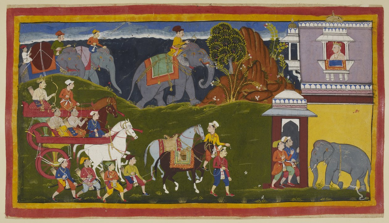 أضف 15296 (1) f.4r ، Bharata ، Shatrughna وعمهم ، جنبًا إلى جنب مع الخدم وخيول ركوب يقودهما ، مع الأفيال المحملة وراء خط الأفق ، يصلون إلى قصر ملك Kekaya ، جد أم بهاراتا ، الذي ينتظرهم يبحث بواسطة المدرسة الهندية