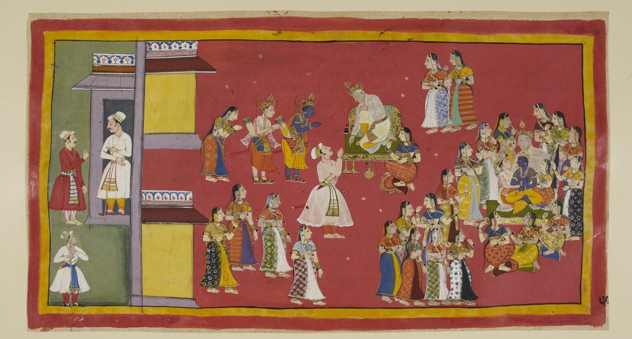 أضف 15296 (1) ص 50 ، كان Dasaratha قد أمر سومانترا سابقًا باستدعاء ملكاته وجميع زوجاته ، الذين يحيطون الآن بالملك عندما تجلب سومانترا المنفيين لتوديعهم. يحاول Dasaratha إقناع Rama بعدم الذهاب إلى الغابة ، حتى إلى r بواسطة المدرسة الهندية