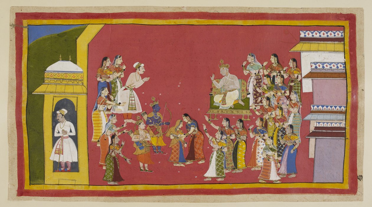 أضف 15296 (1) f.51r ، حاول الآخرون التفكير مع Kaikeyi دون جدوى ، ولا تزال حازمة. وقد حث داساراتا راما على التأجيل لبعض الوقت ، لكنه مصمم على عدم تأجيل رحيله بعد الآن. كل ما يأخذه معه يكون ثياباً منه بواسطة المدرسة الهندية
