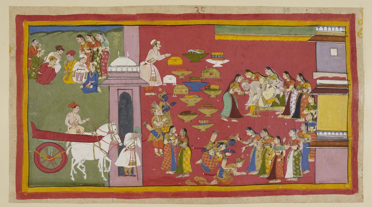 أضف 15296 (1) f.53r ، إلى اليمين ، عندما رأى أبنائه وسيتا يرتدون أردية من اللحاء ، يفقد داساراتا وعيه ويسقط من العرش. المنفيين الثلاثة يركعون أمام الملكات. Kausalya احتضنت سيتا ، الذي يذكرها دون داعٍ بأن أولادها بواسطة المدرسة الهندية