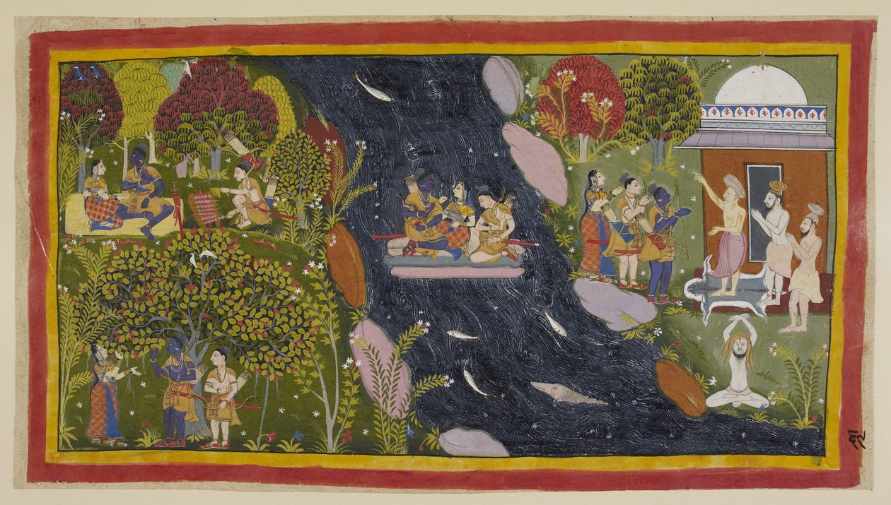 أضف 15296 (1) f.69r ، Bharadva ja ، على اليمين في صومعته ، ينصح المسافرين بالطريق إلى Citrakuta. في الوسط ، يعبرون يامونا على طوف مرتجل ، مع سيتا تصلي مرة أخرى إلى إلهة النهر من أجل عودة آمنة ، وعلى بواسطة المدرسة الهندية