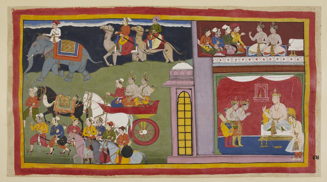 أضف 15296 (1) ص 84 ، الرسل ، في الغرفة العلوية ، يطلبون من الأمراء العودة إلى أيوديا. أسفل غرفة العرش ، يرتدون ملابس الرحلة ، يودع الأمراء الملك كايكي وابنه يودها جيت. يجلسون في عربة مع م بواسطة المدرسة الهندية