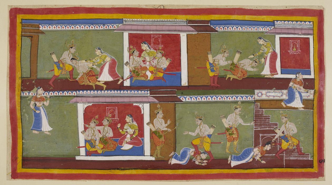 أضف 15296 (1) f.89r ، في الجزء العلوي على اليمين ، Bharata و Shatrughna يحييان Kaikeyi ، التي تأخذهم في حجرها ، ويتحدثون عن الأحداث الأخيرة. يقع بهاراتا مغمى عليه عندما يسمع عن وفاة والده وما فعلته والدته لتأمين h بواسطة المدرسة الهندية