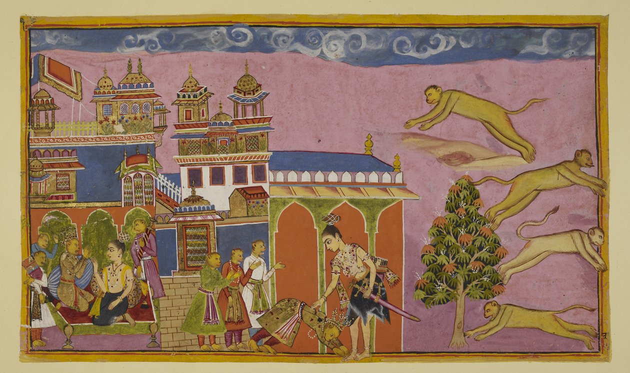 أضف 15296 (2) f.38r ، يدخل Laksmana قصر Sugriva ، ويستقبله الأخير ينحني على الأرض ، مع وزرائه خلفه. يتم التوفيق بين الاثنين. على اليسار ، سوغريفا ولاكسمانا يتحدثان على الأريكة. سوغريفا يخبر هانومان أن يستدعي مرحبًا بواسطة المدرسة الهندية