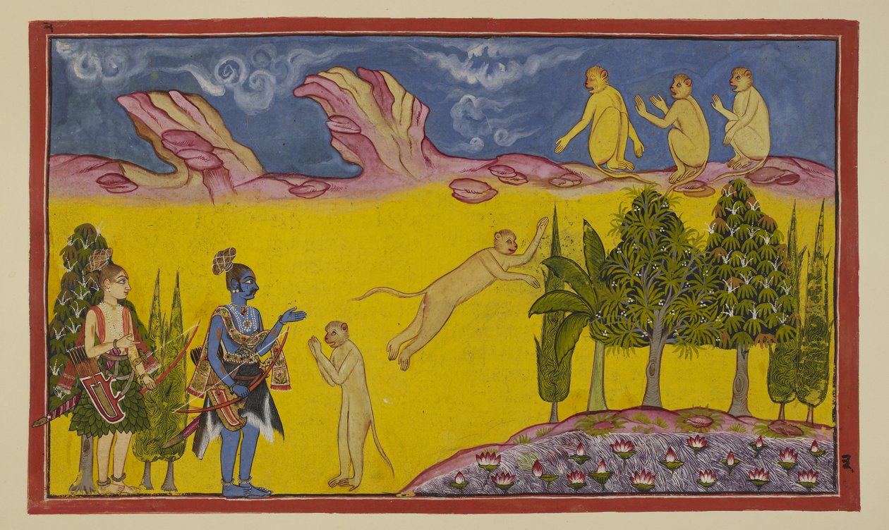 أضف 15296 (2) f.3r ، سوجريفا خائف في البداية ، معتقدًا أن هؤلاء المحاربين المسلحين قد أرسلهم أخوه المغتصب با لي لتدميره. يرسل وزيره الحكيم هانومان لمعرفة المزيد عن الغريبين. يقدم هانومان نفسه بواسطة المدرسة الهندية