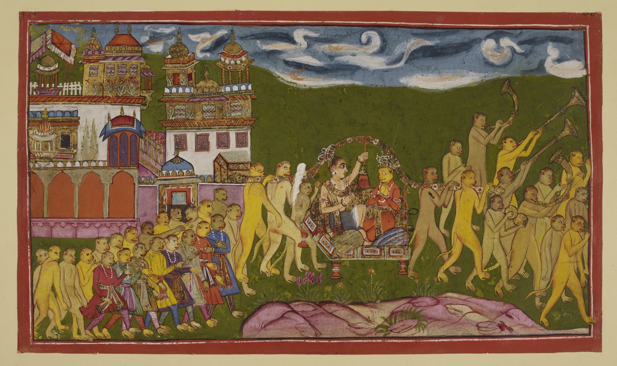 أضف 15296 (2) f.43r ، يتم نقل Sugriva و Laksmana في فضلات ذهبية ، تحملها القرود ، من Kiskindha بواسطة المدرسة الهندية