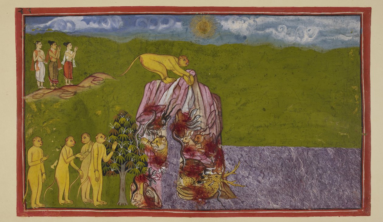 أضف 15296 (2) ص 81 و ، على ضفاف المحيط العظيم ، شعرت القردة بالفزع من كيفية عبورها للوصول إلى لاك؟ سألهم أنجادا جميعًا إلى أي مدى يمكنهم القفز ، لكن لم يكن أي منهم واثقًا من القفز إلى هذا الحد ، حتى حث Ja mbava n Hanuman ، بواسطة المدرسة الهندية