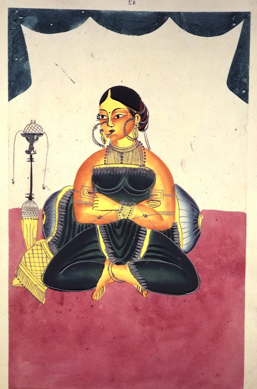 أضف Or 906 A Courtesan جالس القرفصاء بجانب أنبوب "النرجيلة" ، حوالي 1865 (ألوان مائية وطلاء فضي على ورق) بواسطة المدرسة الهندية