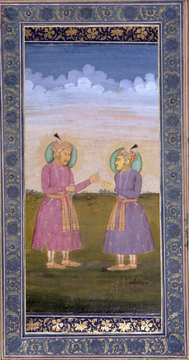 أكبر يسلم ابنه جهانكير ريشة مرصعة بالجواهر ، 1845 (مرحاض غير شفاف وذهب على ورق) بواسطة المدرسة الهندية