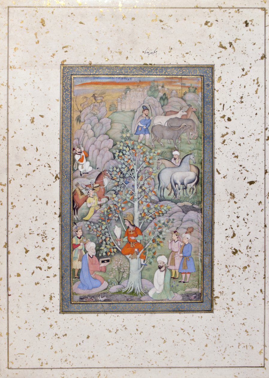 الكسندر يستجوب الفيلسوف والطبيب والكأس ، ج 1610 (مرحاض غير شفاف وذهب على ورق) بواسطة المدرسة الهندية