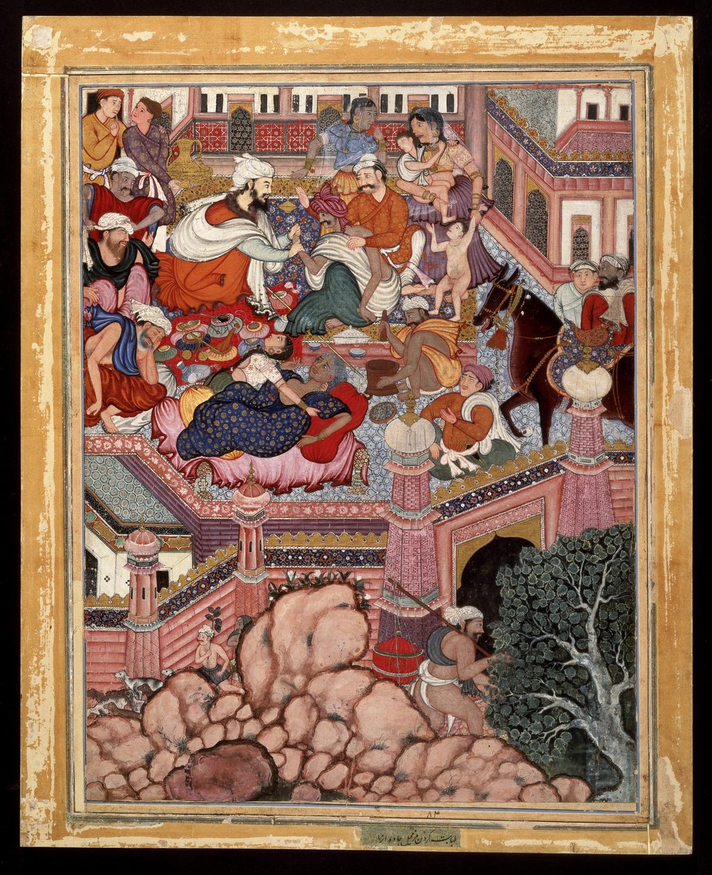 عمرو ، متنكرا في زي الجراح مزمل ، يمارس الدجال على السحرة في أنتالي ، كاليفورنيا. 1570 (ألوان مائية غير شفافة وذهب على القطن) بواسطة المدرسة الهندية