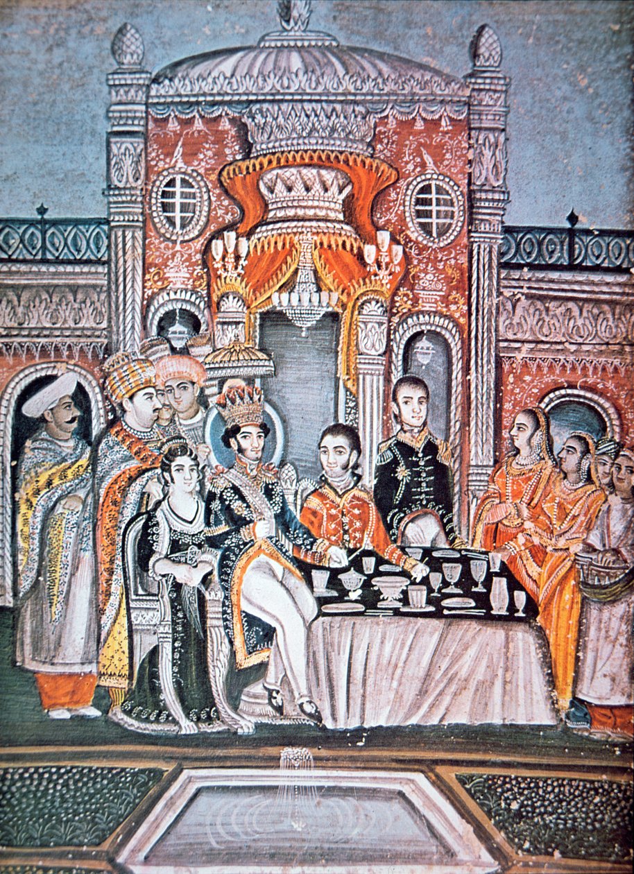 An Indian Prince entertains British Officials, c.1810 (gouache on paper) بواسطة المدرسة الهندية