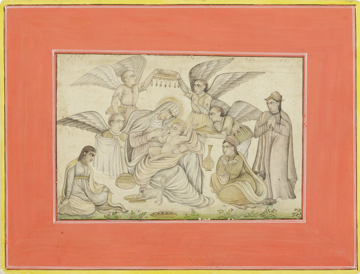 الملائكة يحضرون مريم ويسوع ، c.1665 (مرحاض غير شفاف وذهب على ورق) بواسطة المدرسة الهندية