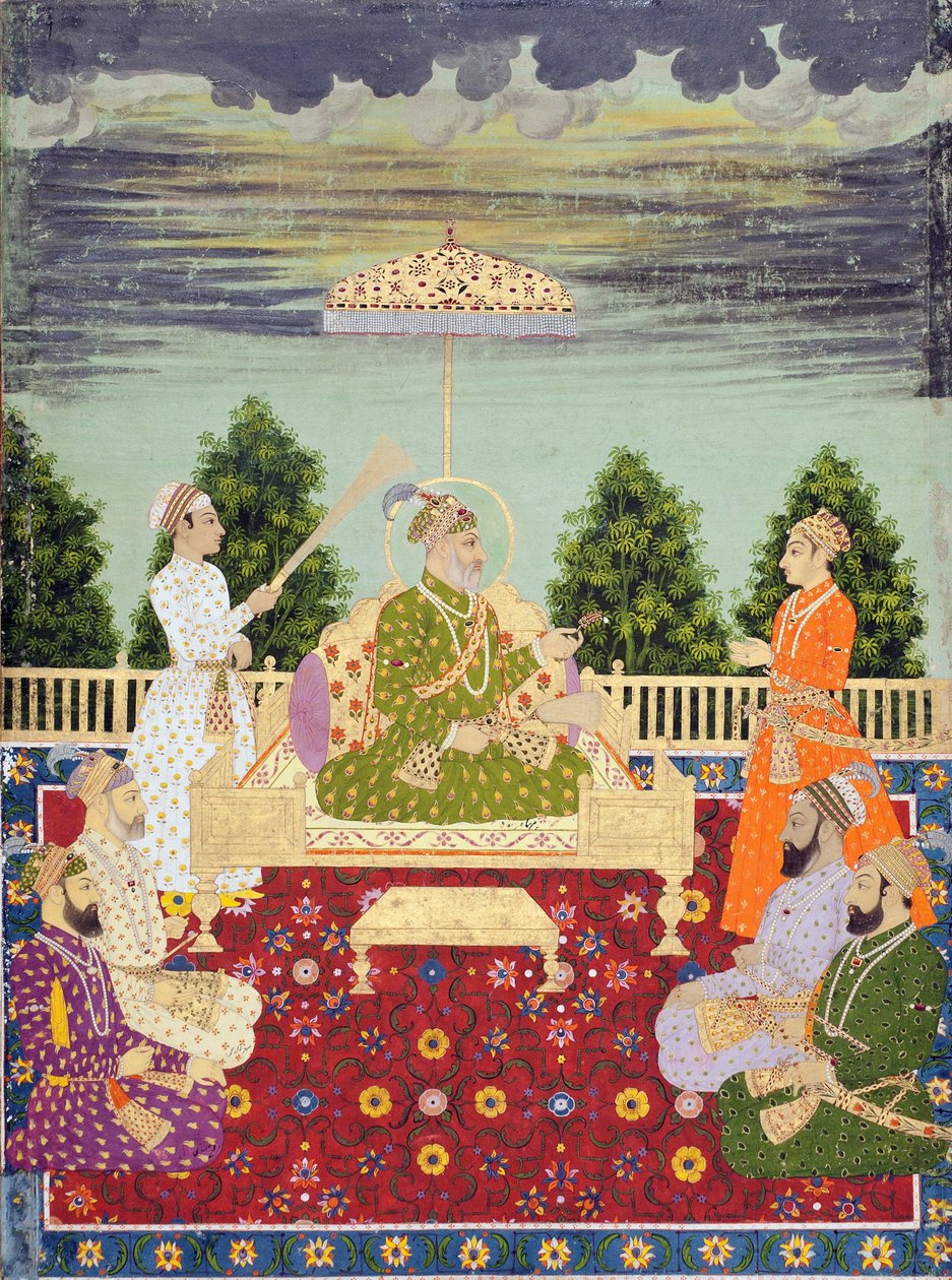 بهادور شاه مع أبنائه الأربعة وحفيده ، حوالي عام 1710 (ألوان مائية وذهبية على ورق) بواسطة المدرسة الهندية