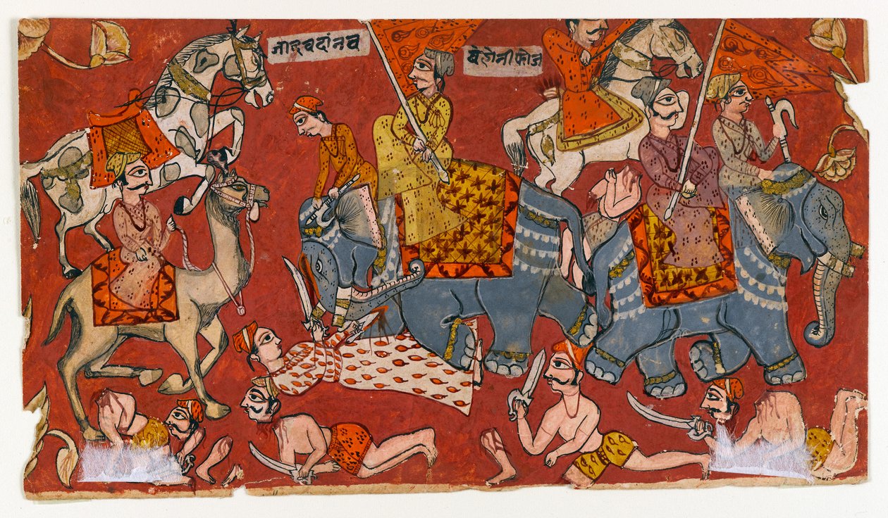 مشهد معركة من سلسلة بهاجافاتا بورانا ، حوالي 1625-50 (ألوان مائية وذهبية على ورق) (ظهر 499329) بواسطة المدرسة الهندية