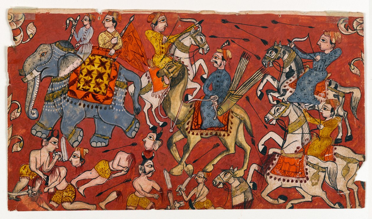 مشهد معركة من سلسلة بهاجافاتا بورانا ، حوالي 1625-50 (ألوان مائية وذهبية على ورق) (وجه 499330) بواسطة المدرسة الهندية