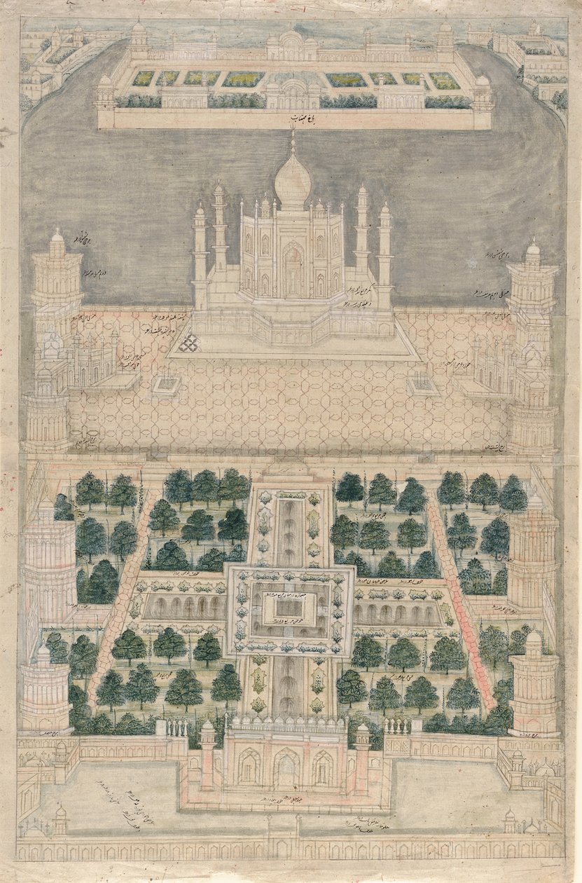 منظر عين الطائر لتاج محل في أغرا ، 1790-1810 بواسطة المدرسة الهندية
