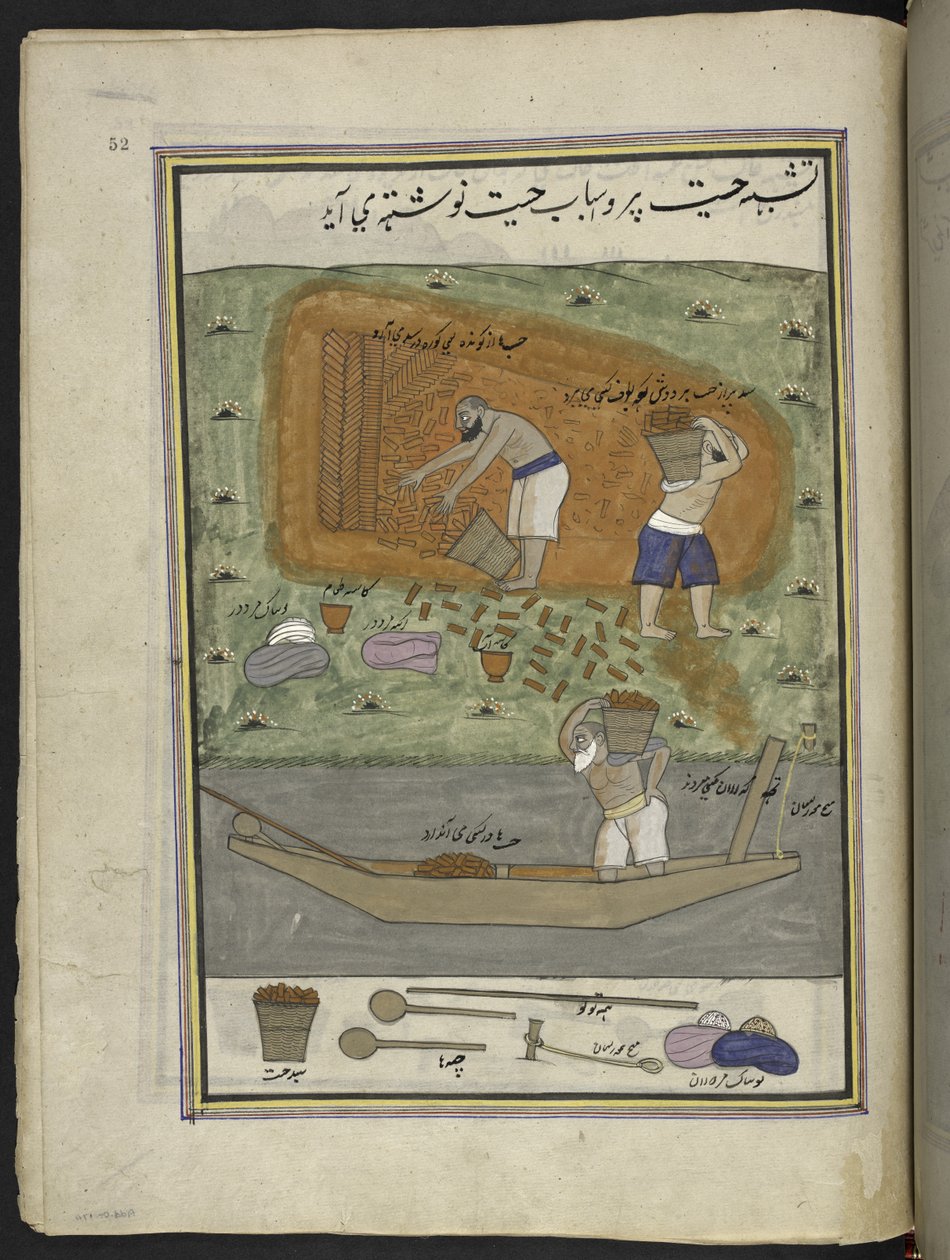 صانعو الطوب مع فرن وزورق لنقل الطوب ،  86 رسمة مجمعة في مجلد تصور الحرف والمهن في كشمير ، يظهر الحرفيون في العمل بأدواتهم ومعداتهم ،  بواسطة فنان من كشمير ، ربما في سريناغار ، حوالي 1850-60 بواسطة المدرسة الهندية