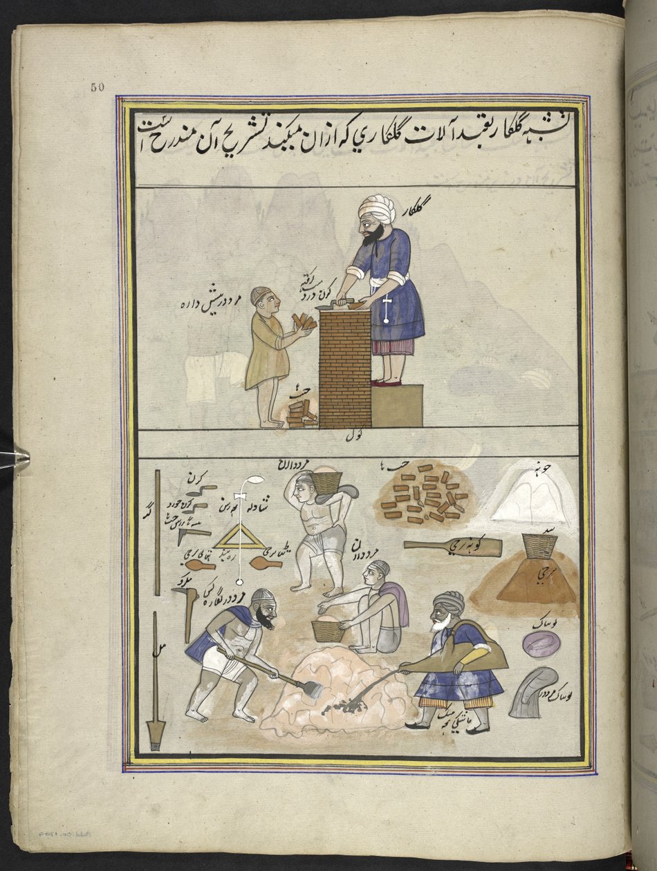 الطوب ،  86 رسمة مجمعة في مجلد تصور الحرف والمهن في كشمير ، يظهر الحرفيون في العمل بأدواتهم ومعداتهم ،  بواسطة فنان من كشمير ، ربما في سريناغار ، حوالي 1850-60 (غواش على ورق) بواسطة المدرسة الهندية