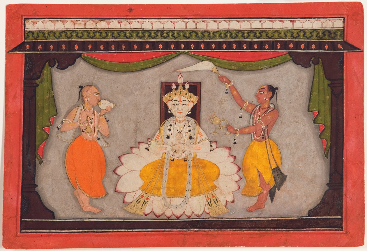 صورة بوذا الرمزية لفيشنو ، c.1700 (مراحيض غير شفافة ، ذهب ودرع خنفساء على ورق) بواسطة المدرسة الهندية